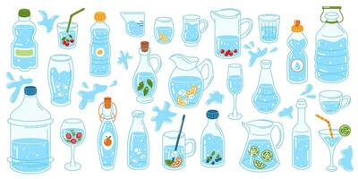 Illustration of different water containers including bottles, pitchers, glasses, and jugs, emphasizing hydration and fresh drinking water. vector
