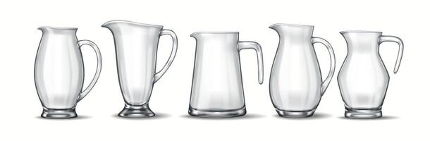 A set of five classic glass pitchers, each uniquely shaped with varying handles and spouts. A realistic 3D rendering emphasizing transparency, reflections, and smooth design. vector
