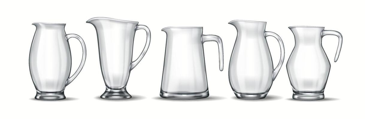 A set of five classic glass pitchers, each uniquely shaped with varying handles and spouts. A realistic 3D rendering emphasizing transparency, reflections, and smooth design.