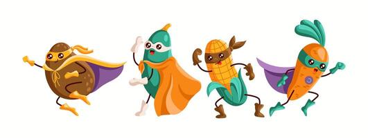 A lively superhero team of potato, zucchini, corn, and carrot running together, each wearing unique masks and capes. A colorful and cheerful illustration perfect for health and fun themes. vector