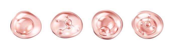Pink serum drops with collagen molecules realistic color icons set. Glossy bubbles innovative skincare 3d objects bundle on white background vector
