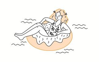 A smiling woman enjoying a peaceful summer moment while floating on an inflatable ring in the water, relaxing and feeling free in a minimalist doodle-style illustration. vector