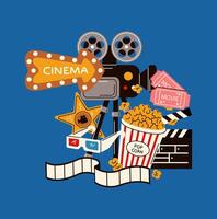 Illustration of a vintage cinema camera with a star, film reel, and popcorn, representing the art of moviemaking, drawn in a creative and bold style. vector