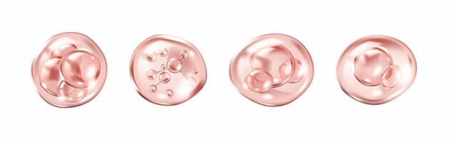 Collagen molecules inside pink bubbles realistic color icons set. Anti-aging serum gel texture 3d objects bundle on white background vector