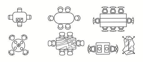 illustration of various dining table designs with different seating arrangements in top view. Ideal for restaurant planning, home interiors, and hospitality design. vector