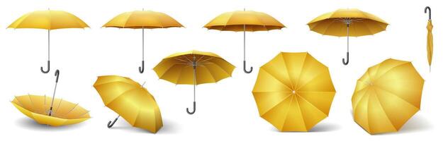 Yellow umbrella-canes in open and closed positions realistic color icons set. Rain protection and fashion 3d objects bundle on white vector