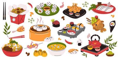 Illustration of various Asian dishes including sushi, dumplings, ramen, and bubble tea, creatively arranged in a vibrant and playful doodle-style . vector