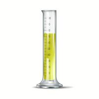 Digital illustration of a measuring cylinder containing yellow liquid up to 70 milliliters used in laboratories and scientific experiments. vector