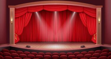 A realistic 3D illustration of a classic theater stage with a luxurious red curtain, wooden floor, and warm ambient lighting, emphasizing drama and performance. vector