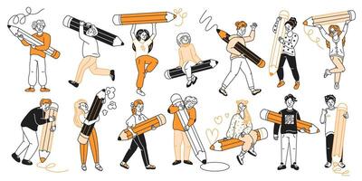 Copywriters designers artists with pencils color linear icons collection. People with creative jobs doodle characters on white background vector