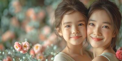 A warm, loving moment between a mother and daughter with soft smiles surrounded by colorful flowers. photo