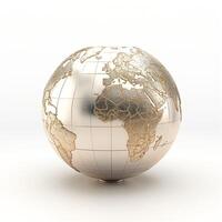 A stunning metallic globe featuring an intricate design of the world map, emphasizing Africa's outlines in gold tones against a white background. photo