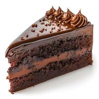 Delicious chocolate cake slice with rich ganache and decorative frosting. photo