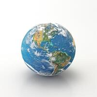 A vibrant depiction of Earth showcasing its blue waters and green landmasses against a clean background. photo