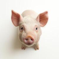 Adorable young piglet with soft fur and prominent ears, looking curiously at the camera. photo