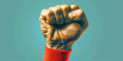 A close-up of a strong male fist raised against a vibrant turquoise background, symbolizing strength and determination. photo