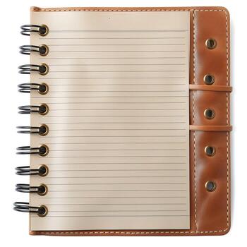 A stylish, empty notebook with a brown leather cover and lined pages, perfect for notes or creative writing. photo