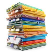 A colorful stack of organized folders and documents, showcasing a neat assortment of vibrant colors and structured files. photo