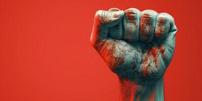 Stylized clenched fist with a textured surface against a vibrant red background, symbolizing strength and defiance. photo