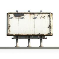 An empty, weathered billboard with rust and peeling paint, set against a clean white background. photo