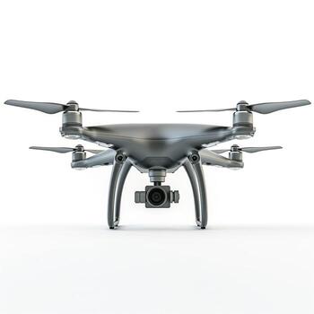 A sleek, modern drone with a high-resolution camera, showcasing its four propellers and polished design. photo
