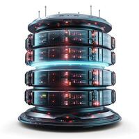 Futuristic server tower with glowing lights and a sleek design, showcasing advanced technology and data storage. photo
