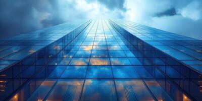 A stunning upward view of a modern glass skyscraper reflecting the dramatic sky, creating a dynamic urban scene. photo