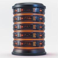 Futuristic black and orange data storage device with illuminated interfaces, showcasing advanced technology. photo