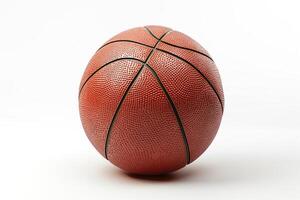 A close-up view of a classic orange basketball resting on a white background. photo