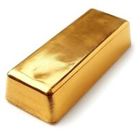 Shiny gold bar resting on a clean white surface, symbolizing wealth and luxury. photo