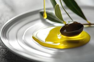A serene composition of olive oil and an olive emphasizing freshness and natural ingredients. photo