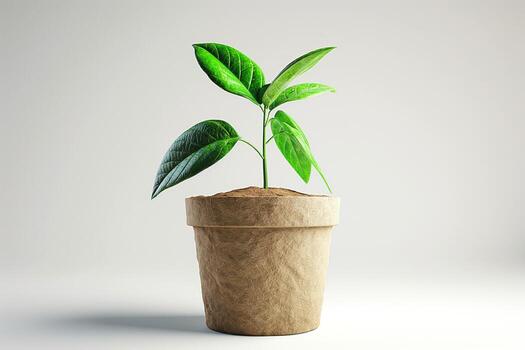 A vibrant green plant with glossy leaves growing in a natural-looking pot, symbolizing growth and sustainability. photo