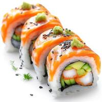 Delicious sushi rolls featuring fresh salmon, avocado, and a touch of wasabi, arranged artistically on a clean white background. photo