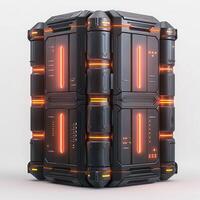 Futuristic black and orange tech module with glowing lights, showcasing advanced design and intricate details. photo