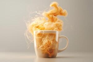 A steaming mug of coffee with vibrant, swirling orange steam rising, creating an inviting and warm atmosphere. photo