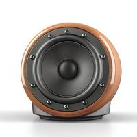 Stylish round speaker design featuring wooden accents and sleek black surface. photo