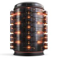 Futuristic data storage device with glowing orange elements, showcasing a sleek design and intricate technology layers. photo