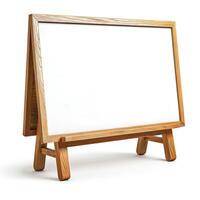 A minimalist wooden easel with a blank white board, ideal for creative presentations or artistic displays. photo