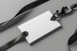 A blank white ID badge hanging from a sleek black strap, set against a smooth gray background. photo