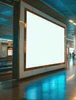A vacant advertisement space in an airport terminal, illuminated and waiting for a new campaign. photo