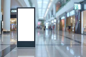 An empty advertising stand in a modern shopping mall setting, inviting creative displays and promotions. photo