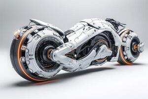 Futuristic white motorcycle design with glowing orange accents, showcasing a sleek and aerodynamic shape. photo