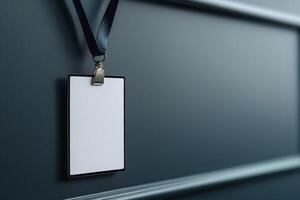 Blank ID badge hanging on a dark background, ideal for customization and professional events. photo