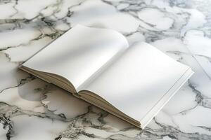 An open blank book rests on a marble surface, inviting creativity and imagination. photo