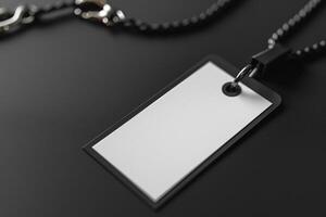 Stylish blank name tag on a black background, perfect for personalization. photo
