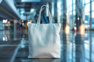 A white tote bag prominently displayed in a modern, bright indoor setting, showcasing its sleek design and versatility. photo