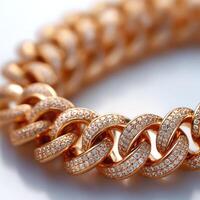 Close-up of a luxurious golden chain bracelet adorned with sparkling diamonds. photo
