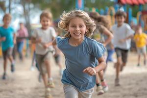 A joyful Caucasian boy smiles broadly while running with friends at a playground. photo