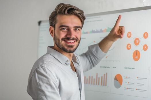 Smiling young Caucasian man presenting data insights on a whiteboard in a bright office environment. photo