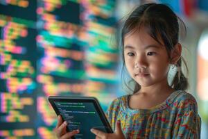 Young Asian girl coding on a tablet in a vibrant, tech-inspired environment. photo